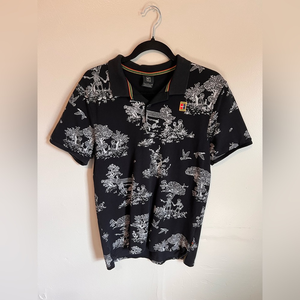 Nike Men's polo shirt. Skeletons playing tennis. Black and white. Size small.